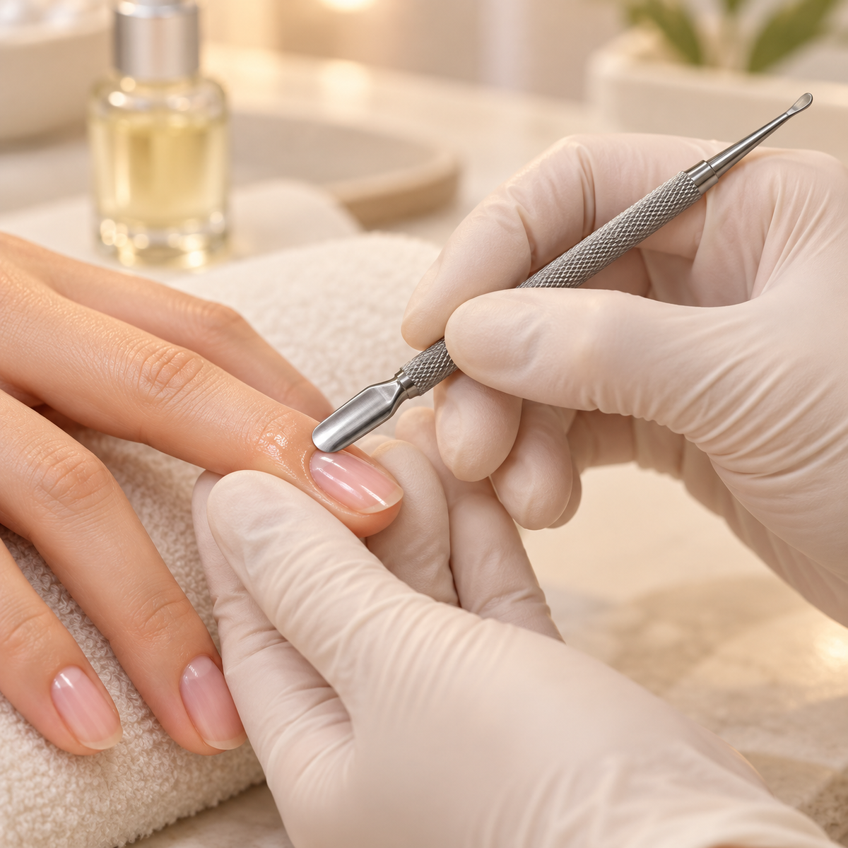 AI-generated usage illustration: No.2 pusher used after applying cuticle oil