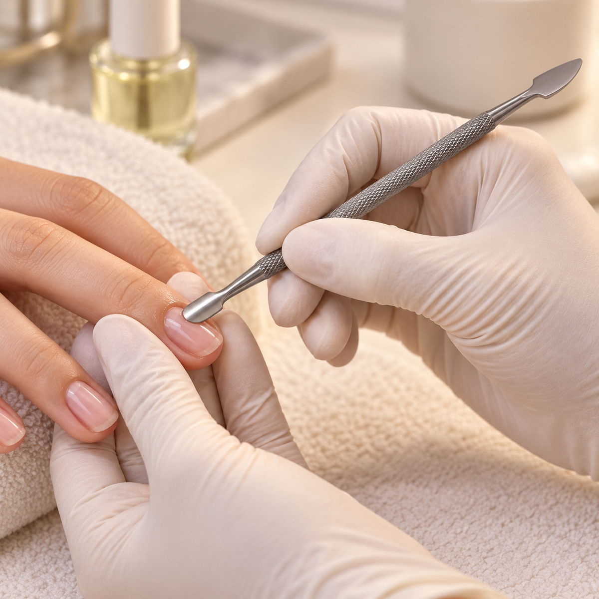 AI-generated usage illustration: No.3 pusher used after applying cuticle oil