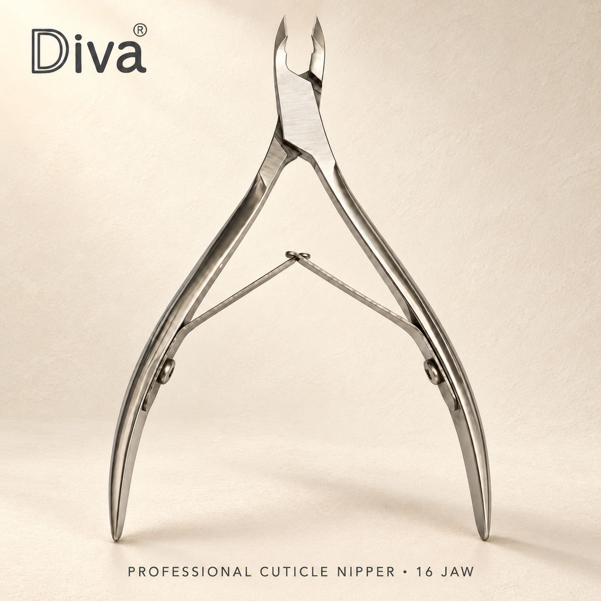 Diva 16 Jaw professional cuticle nipper on an ivory background