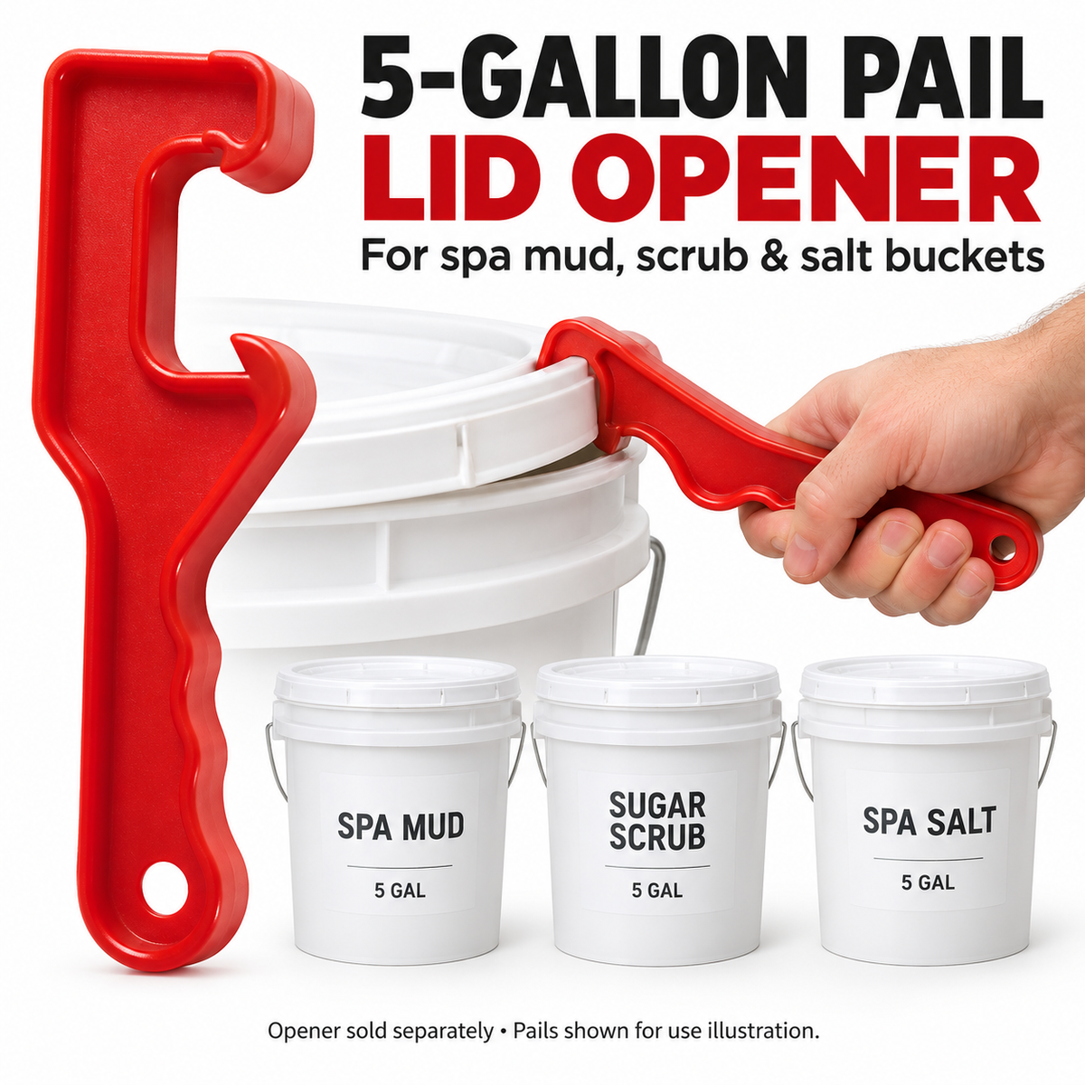 DL Pro lid opener with 5-gallon spa mud, scrub and salt pail usage examples