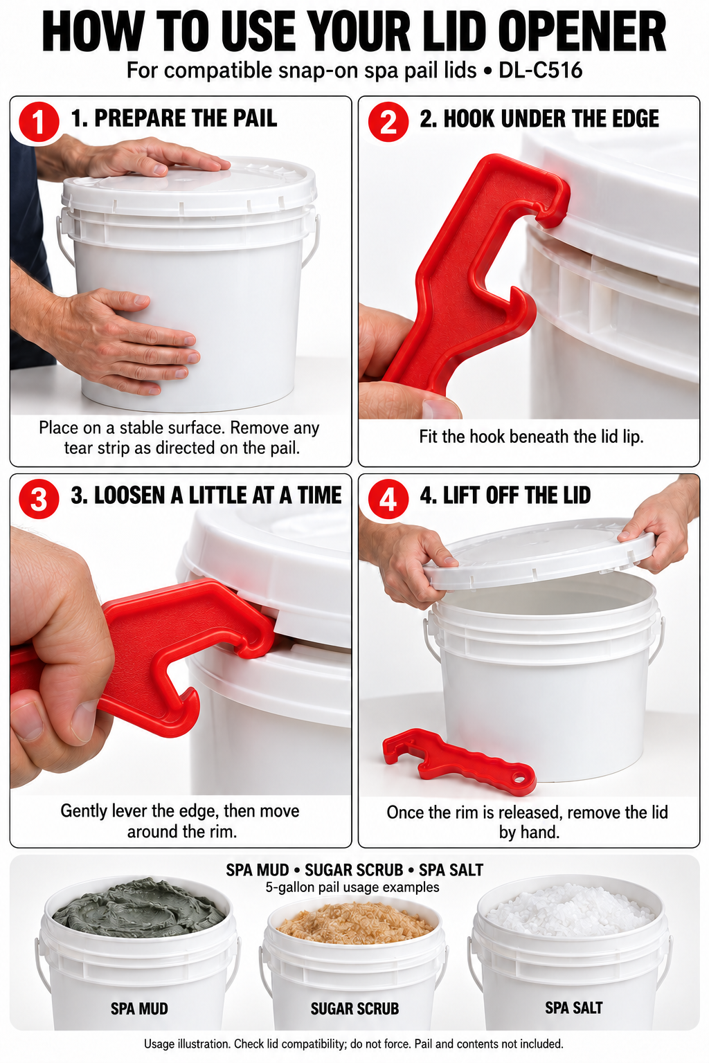 DL-C516 lid opener four-step usage illustration with close-up of hook between lid and pail rim