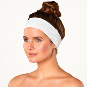 FantaSea white disposable Velcro headband worn by a model; retouched catalog photo