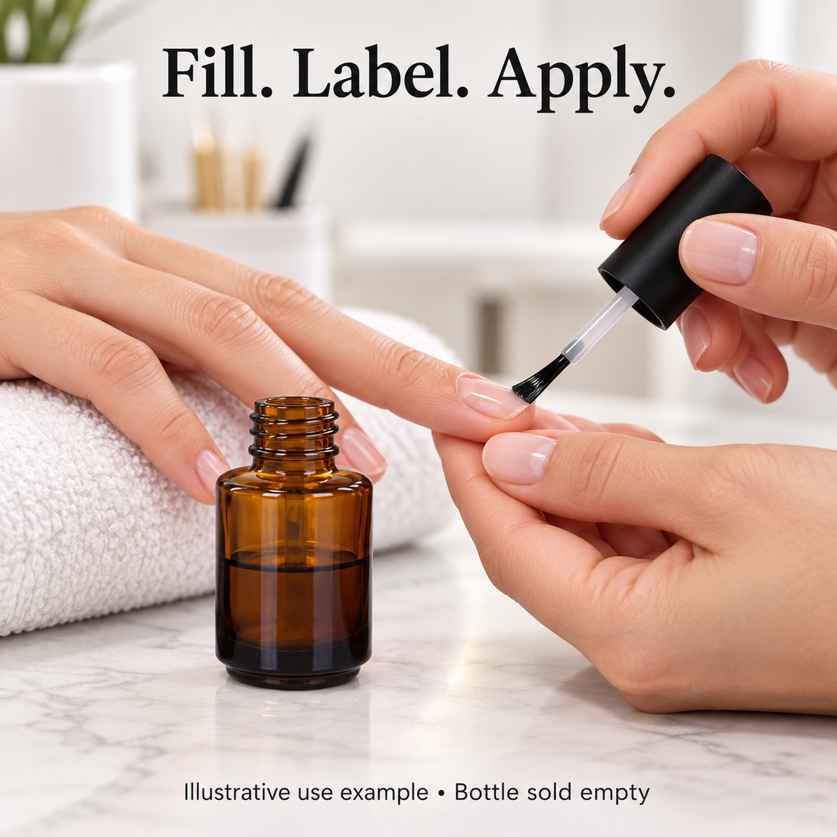 Illustrative lacquer application with open amber bottle; contents not included