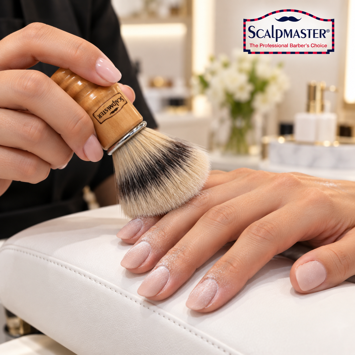 AI-generated usage illustration: brown Scalpmaster brush sweeping filing dust from fingernails