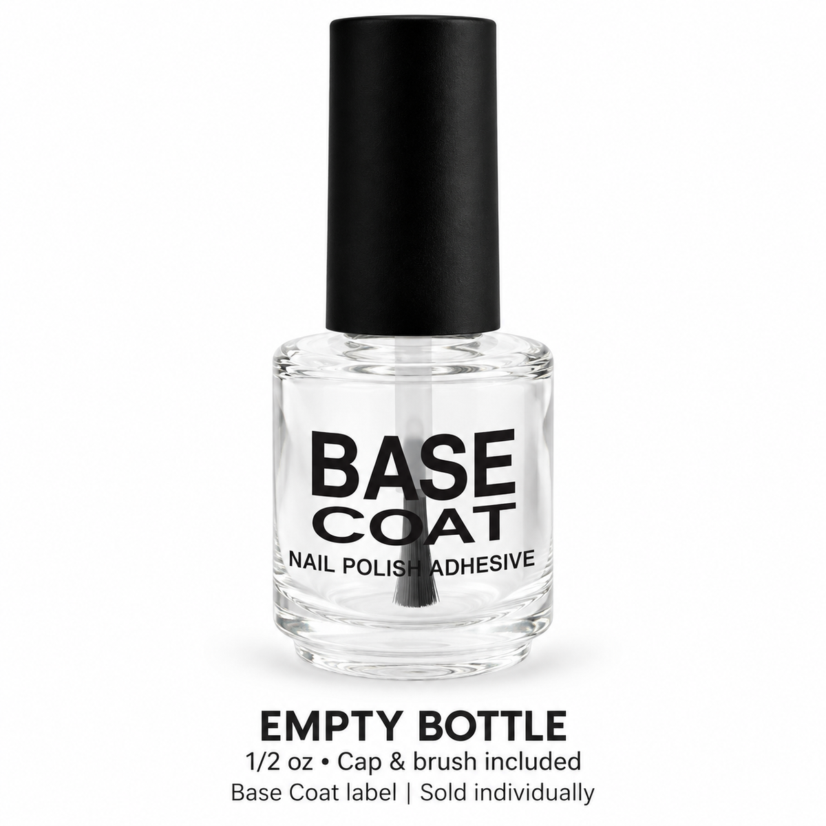 Empty 1/2 oz Base Coat printed bottle with cap and brush