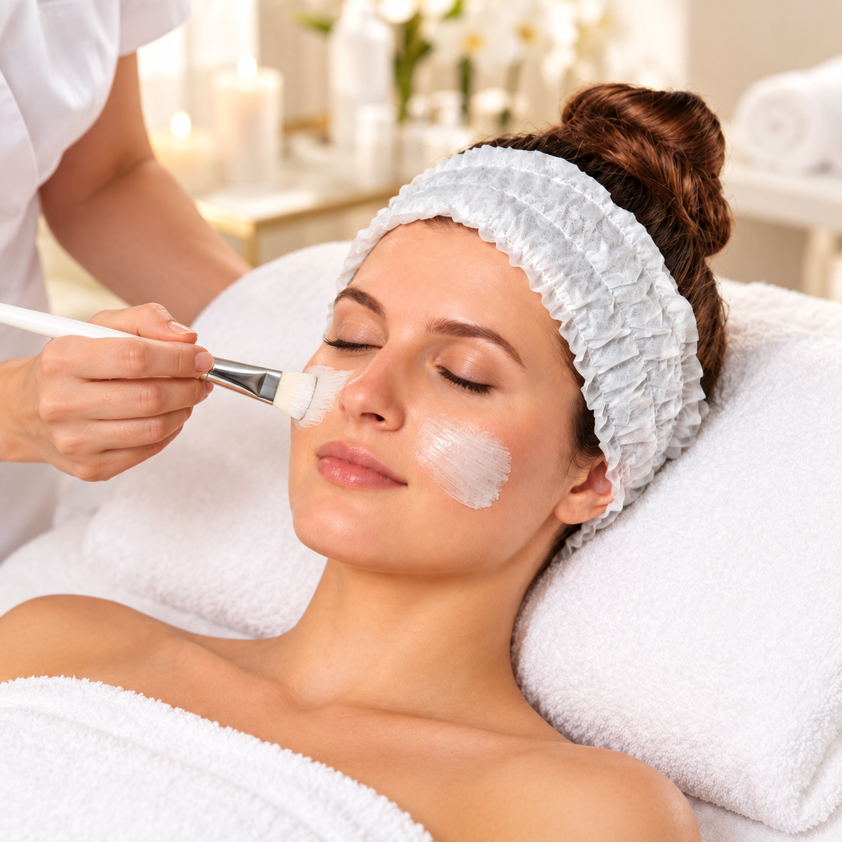 AI-generated usage illustration: client reclining during a facial wearing a white disposable headband