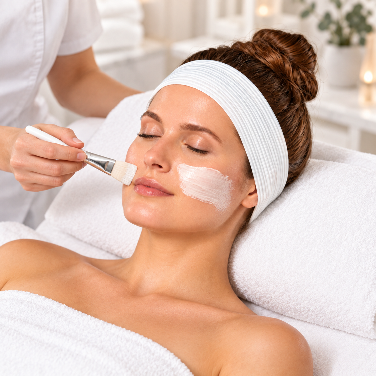 AI-generated usage illustration: client reclining during a facial wearing a white disposable headband