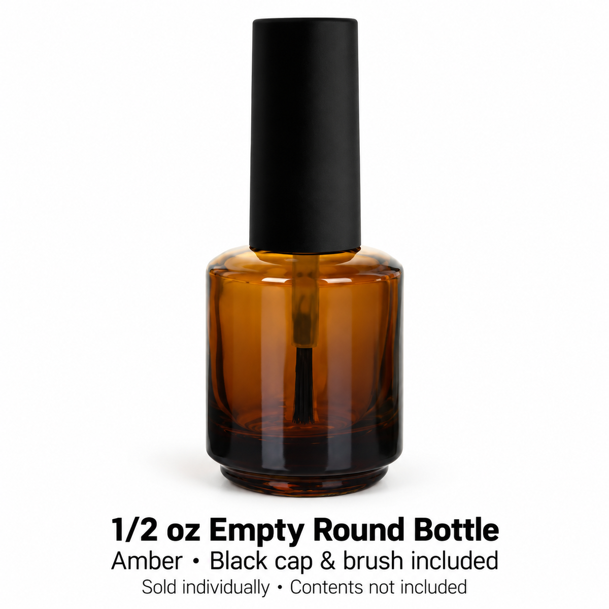 Amber half-ounce empty bottle with black cap and brush