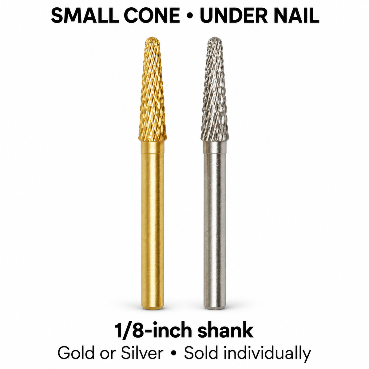 Small cone under nail carbide bit, gold or silver, 1/8-inch shank