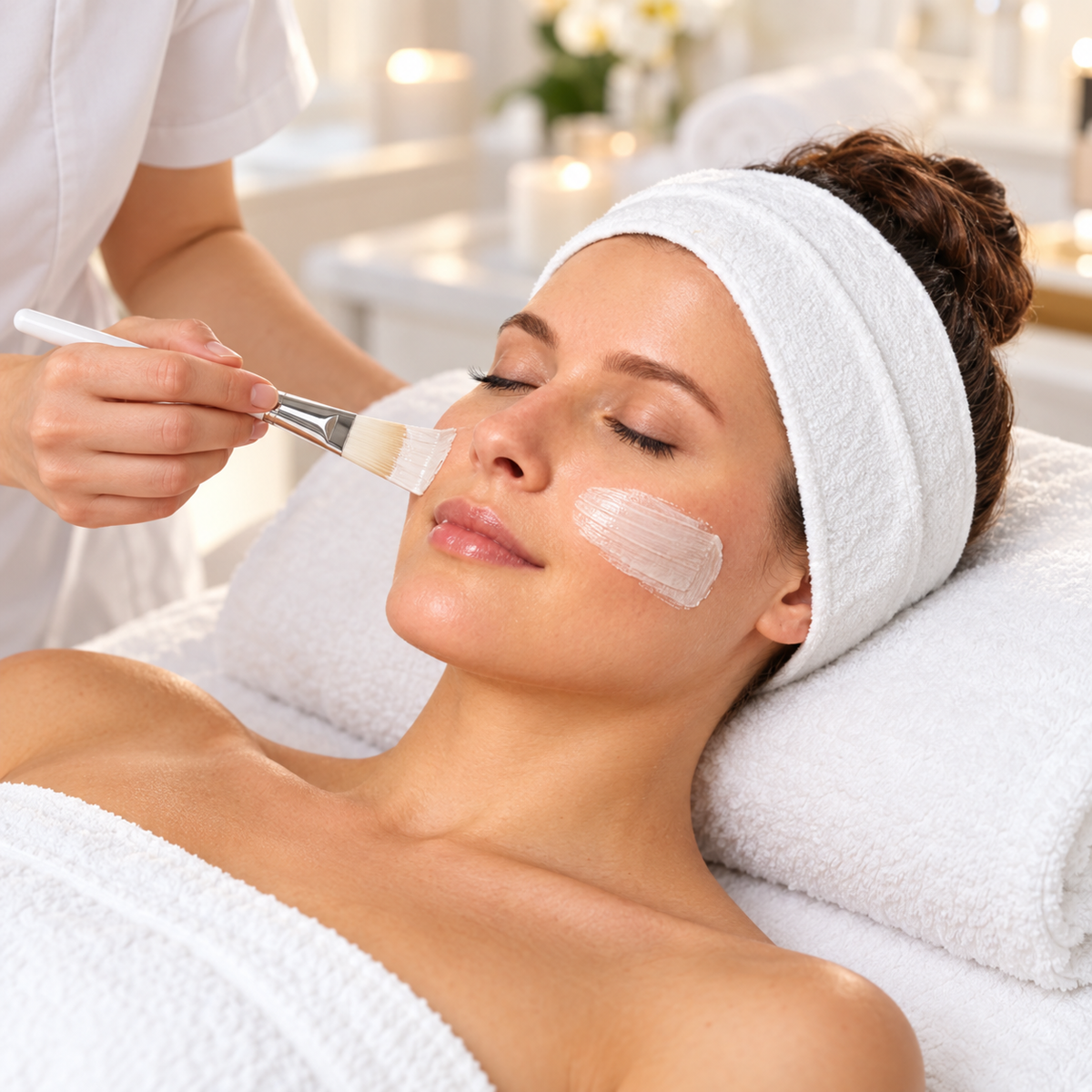 AI-generated usage illustration: reclining client wearing a white terry cloth spa headband during a facial