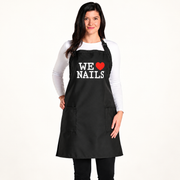 Salonchic 4075 black WE LOVE NAILS apron, retouched catalog portrait