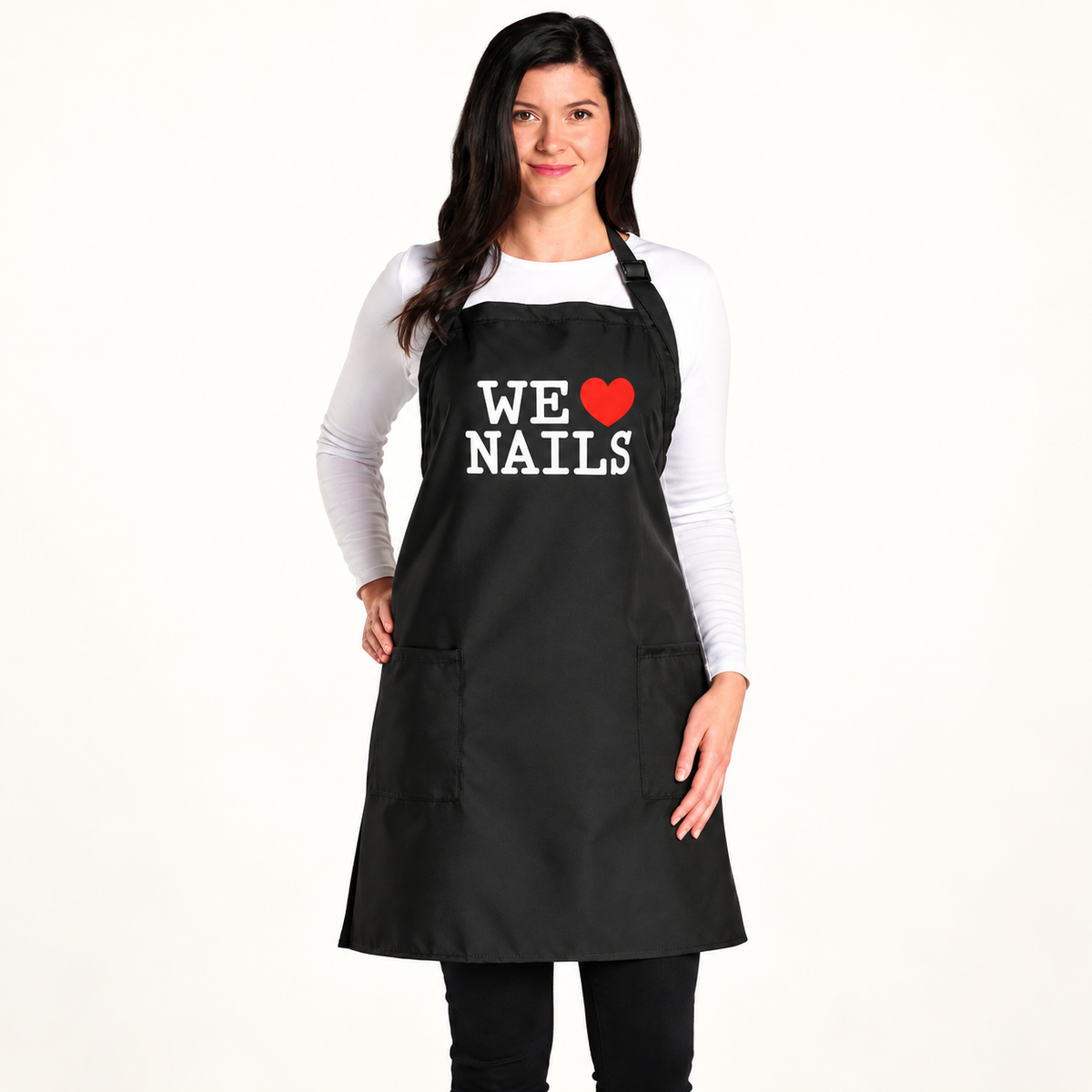 Salonchic 4075 black WE LOVE NAILS apron, retouched catalog portrait