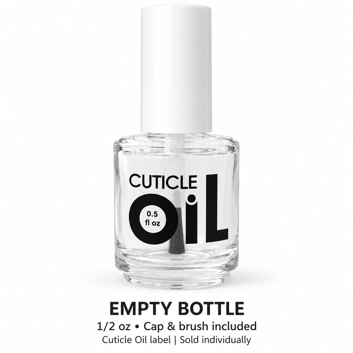 Empty 1/2 oz Cuticle Oil printed bottle with cap and brush