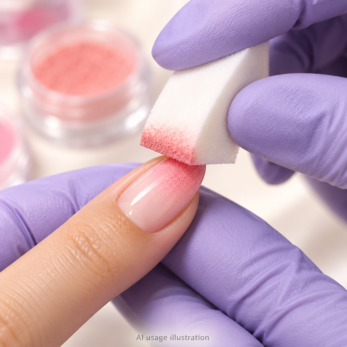 AI usage illustration: white foam wedge dabbing pink powder onto a nail