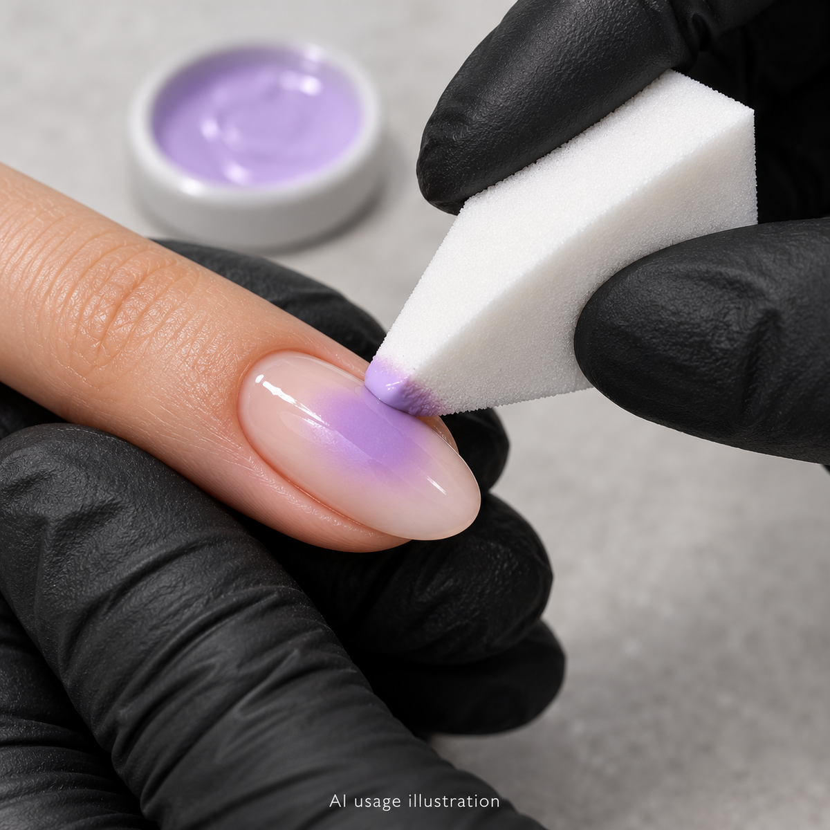 AI usage illustration: white foam wedge dabbing lilac cream color onto a nail