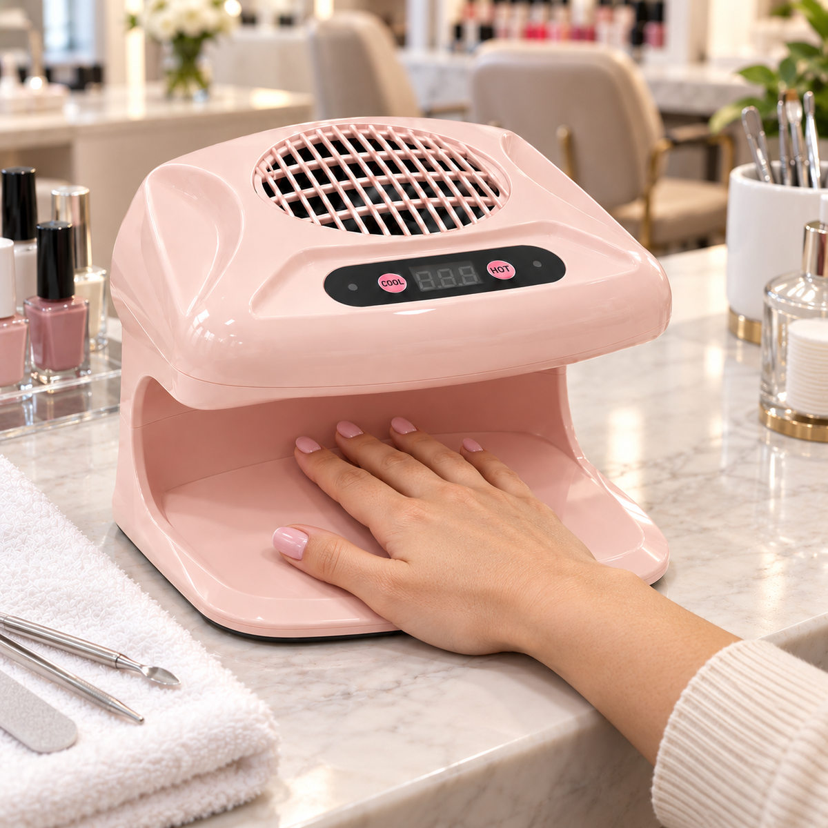 Illustrative salon-use scene showing one hand in the pink hot and cool air nail polish dryer