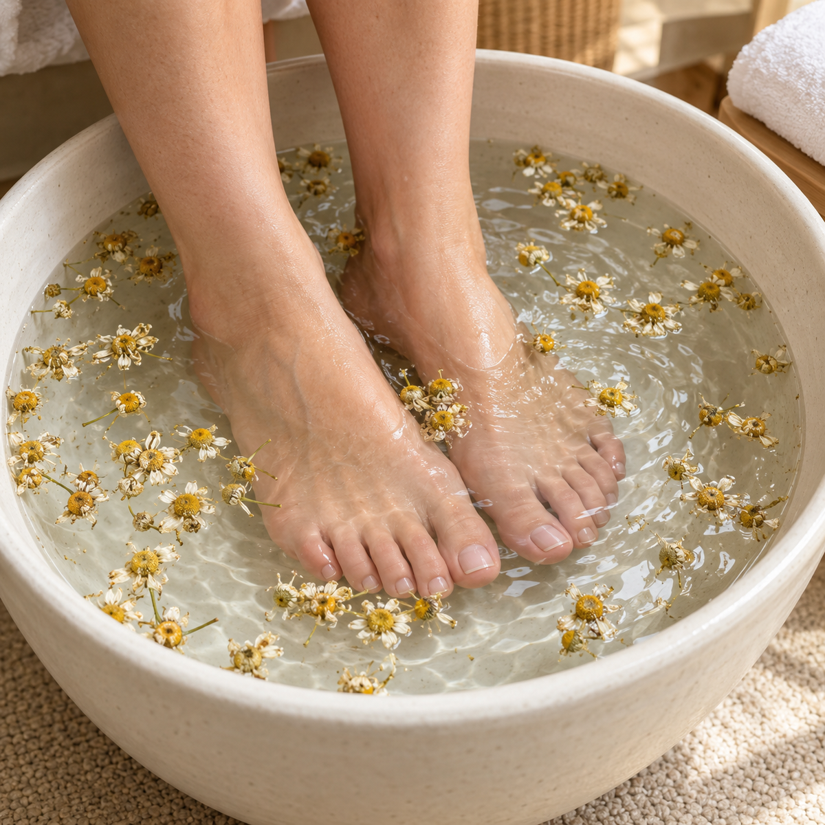 Styled usage example: dried chamomile in pedicure soak water
