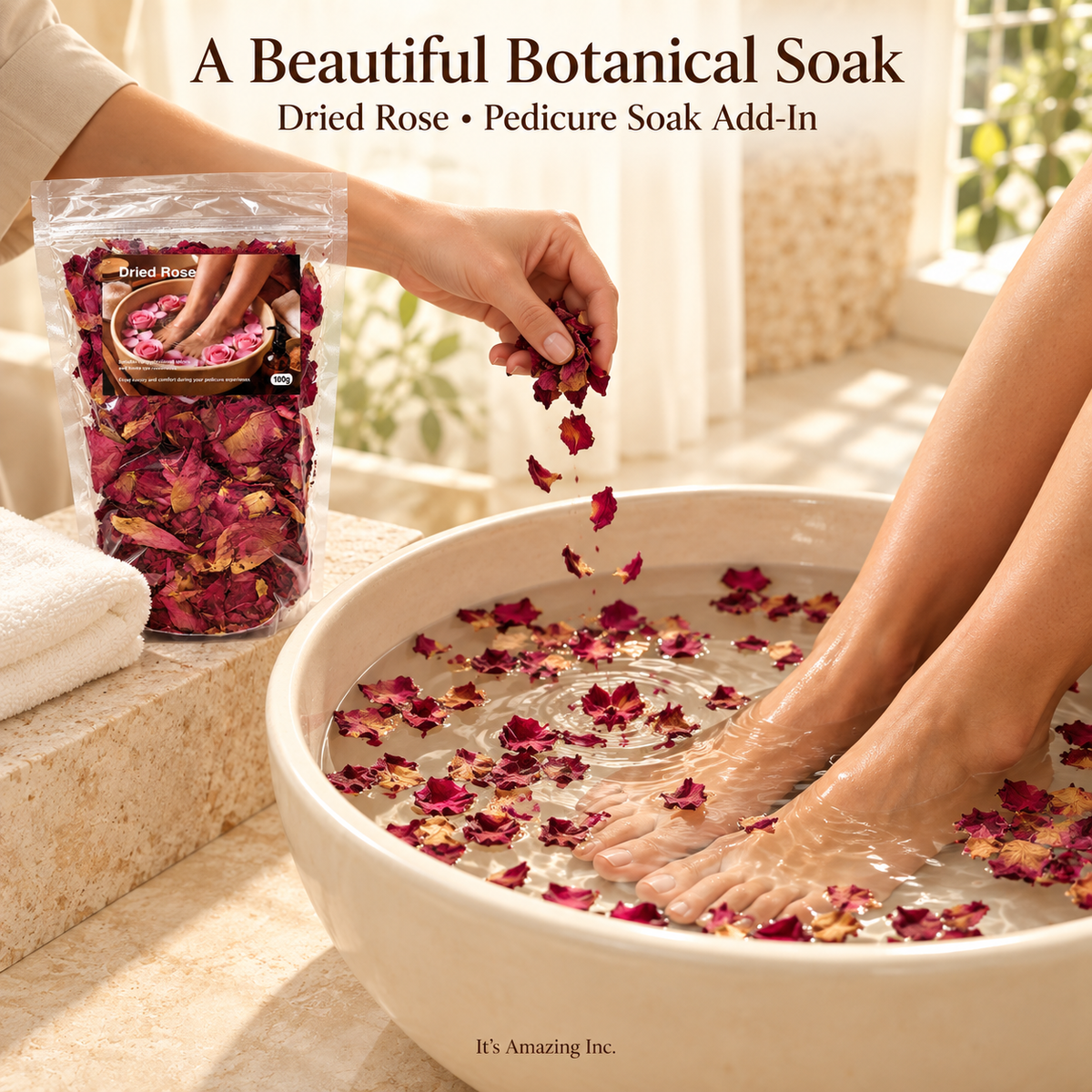 Styled usage example: dried rose petals sprinkled into pedicure basin water with Dried Rose 100g pouch