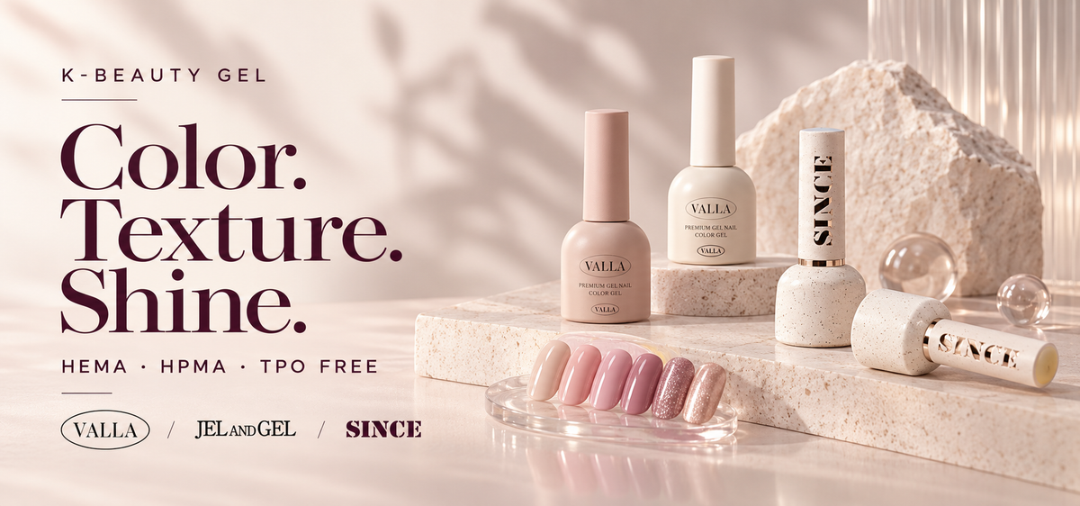 K-Beauty gel collections — VALLA, Jel and Gel and SINCE in an ivory and burgundy campaign