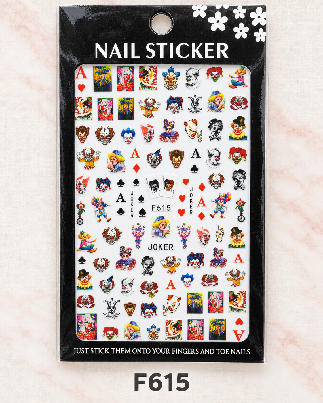 Order code F615 — Clown & Playing Card nail sticker sheet