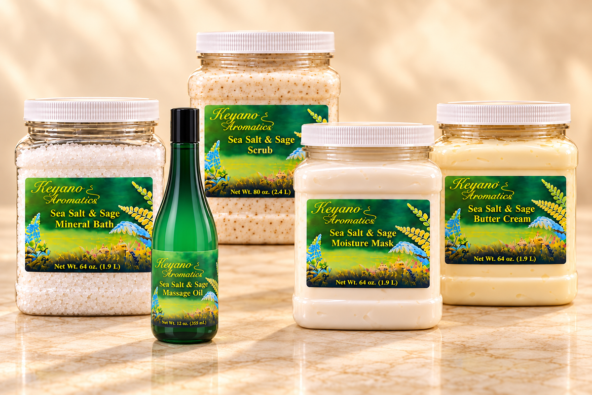 Keyano Sea Salt & Sage Five-Piece Spa Set — complete set group photograph