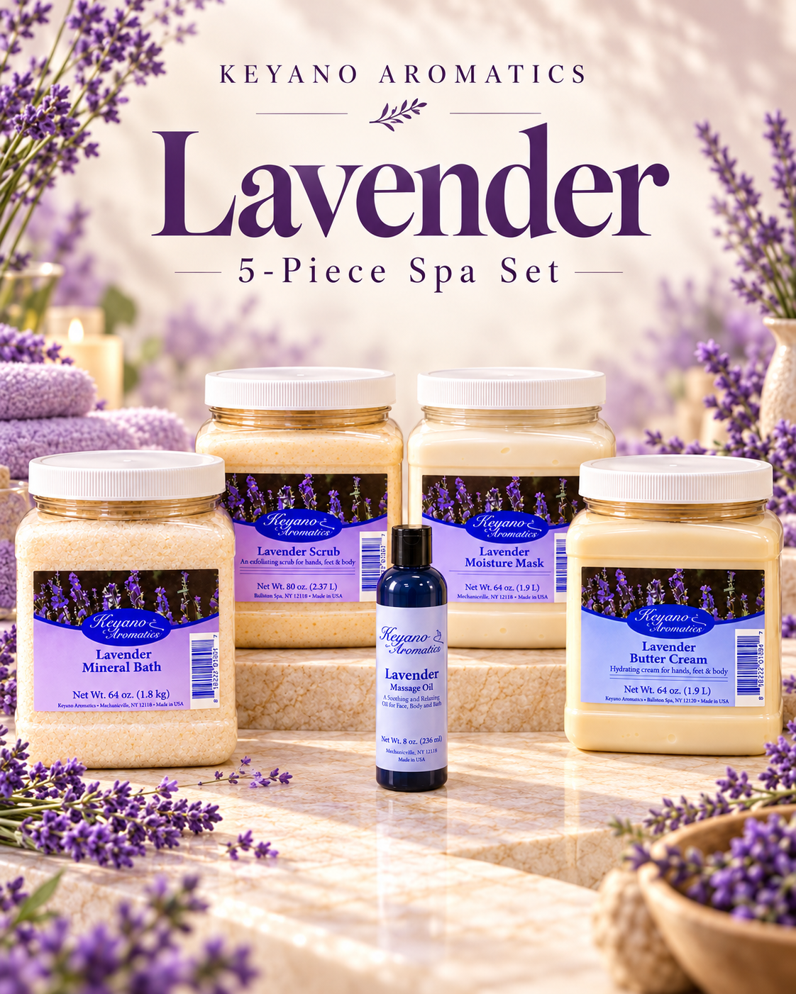 Keyano Lavender Five-Piece Spa Set — fragrance-inspired complete set poster