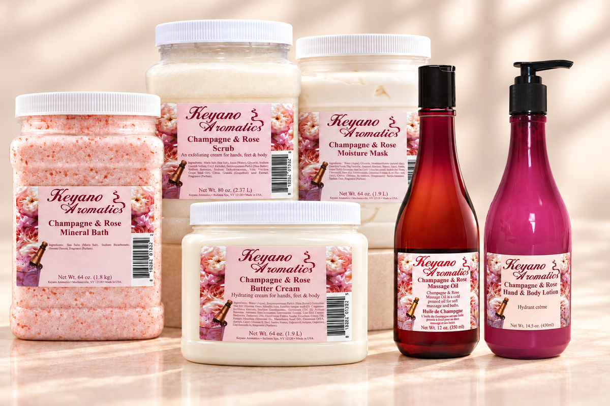 Keyano Champagne & Rose Six-Piece Spa Set — complete set group photograph