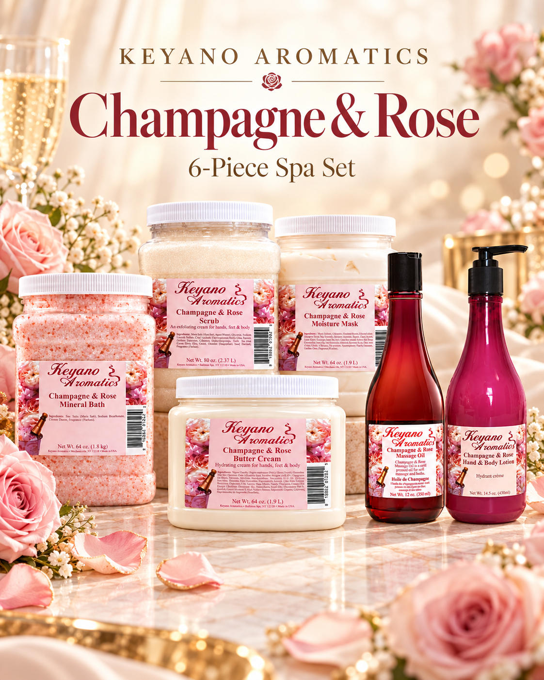 Keyano Champagne & Rose Six-Piece Spa Set — fragrance-inspired complete set poster