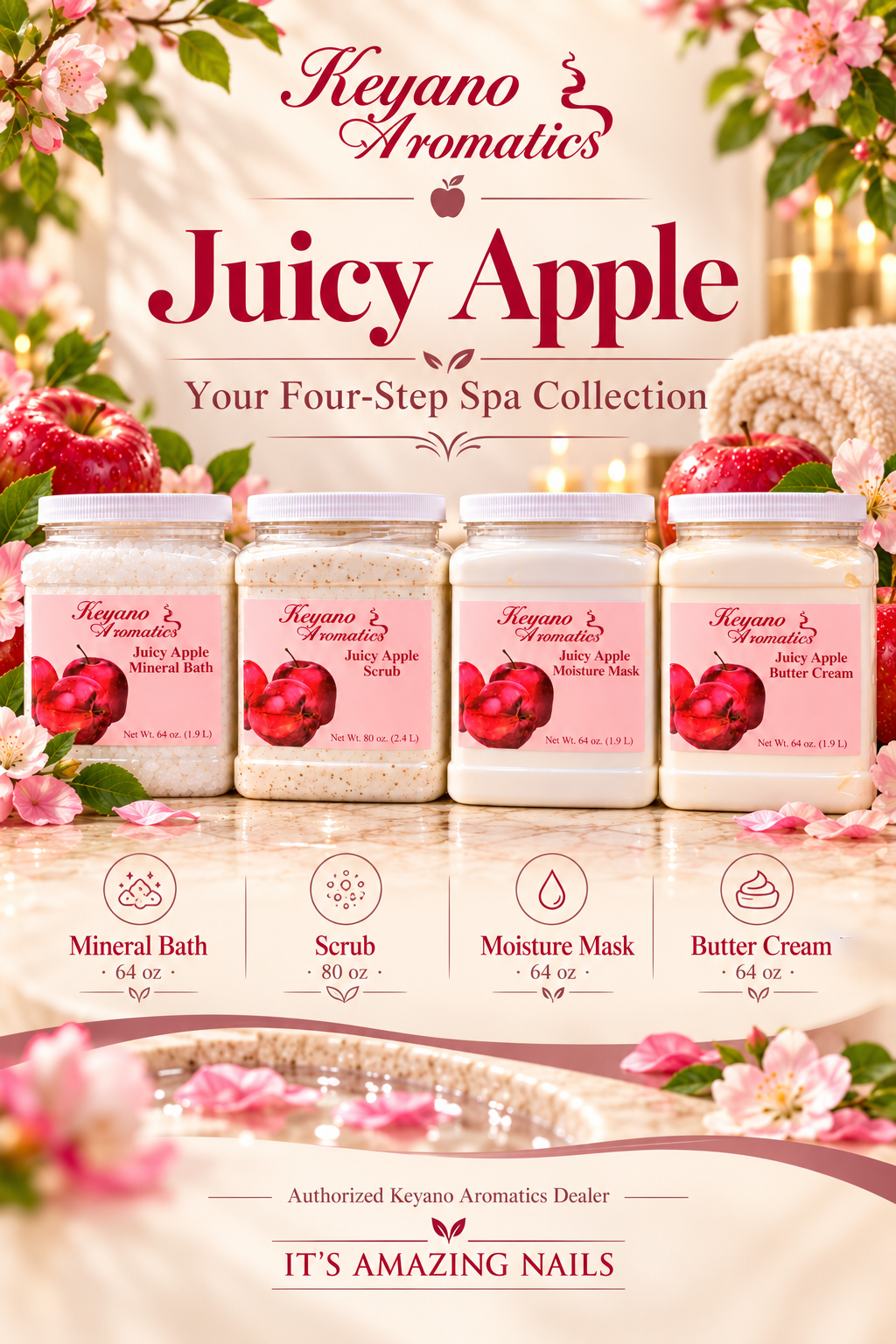 Keyano Juicy Apple Four-Step Spa Set includes Mineral Bath 64 oz, Scrub 80 oz, Moisture Mask 64 oz and Butter Cream 64 oz