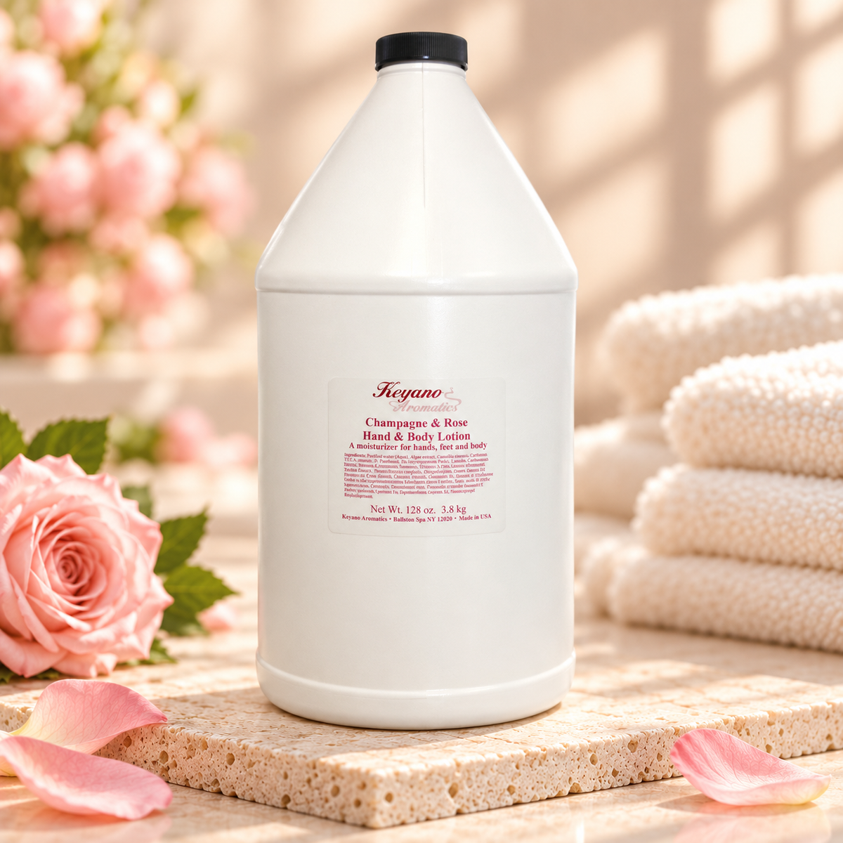 Keyano Champagne & Rose Hand and Body Lotion — 1 gallon, styled product photo; decorative props not included.