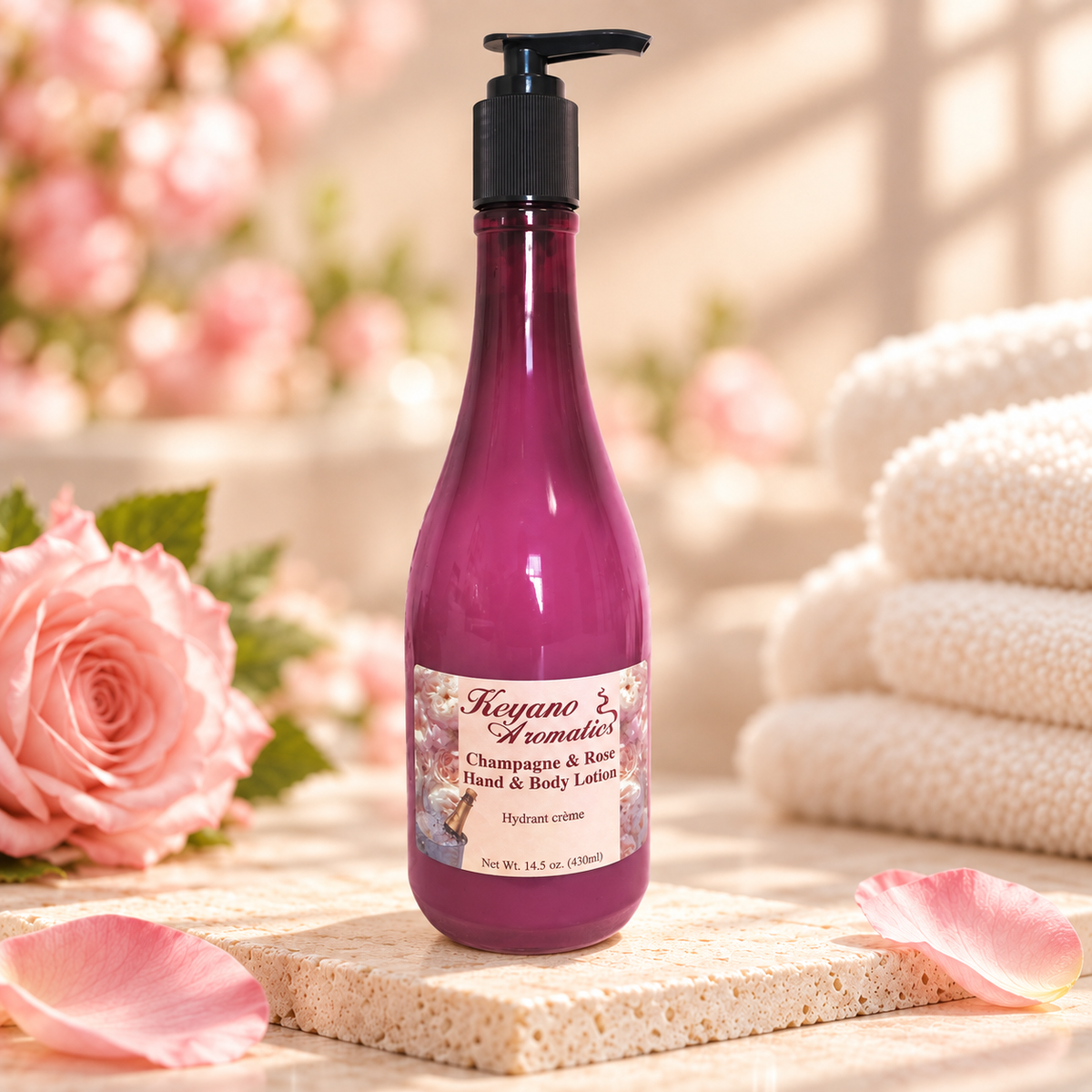 Keyano Champagne & Rose Hand and Body Lotion — 14.5 oz, styled product photo; decorative props not included.