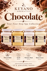 Keyano Chocolate Four-Step Spa Set includes Mineral Bath 64 oz, Scrub 80 oz, Moisture Mask 64 oz and Butter Cream 64 oz