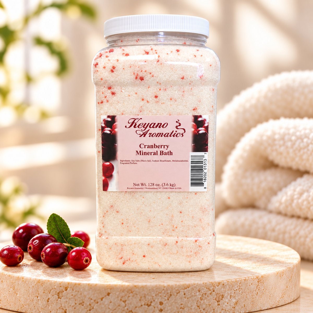 Keyano Cranberry Mineral Bath — 1 gallon, styled product photo; decorative props not included.