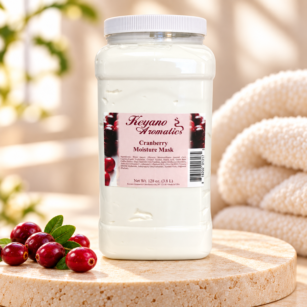 Keyano Cranberry Moisture Mask — 1 gallon, styled product photo; decorative props not included.