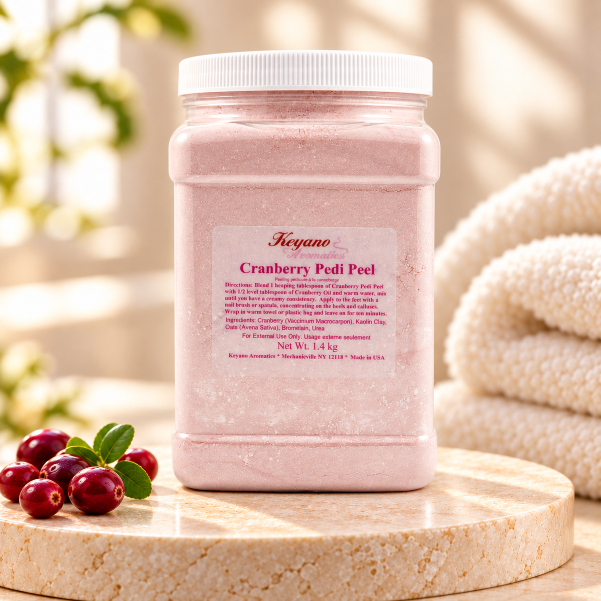 Keyano Cranberry Pedi Peel — 1.4 kg, styled product photo; decorative props not included.