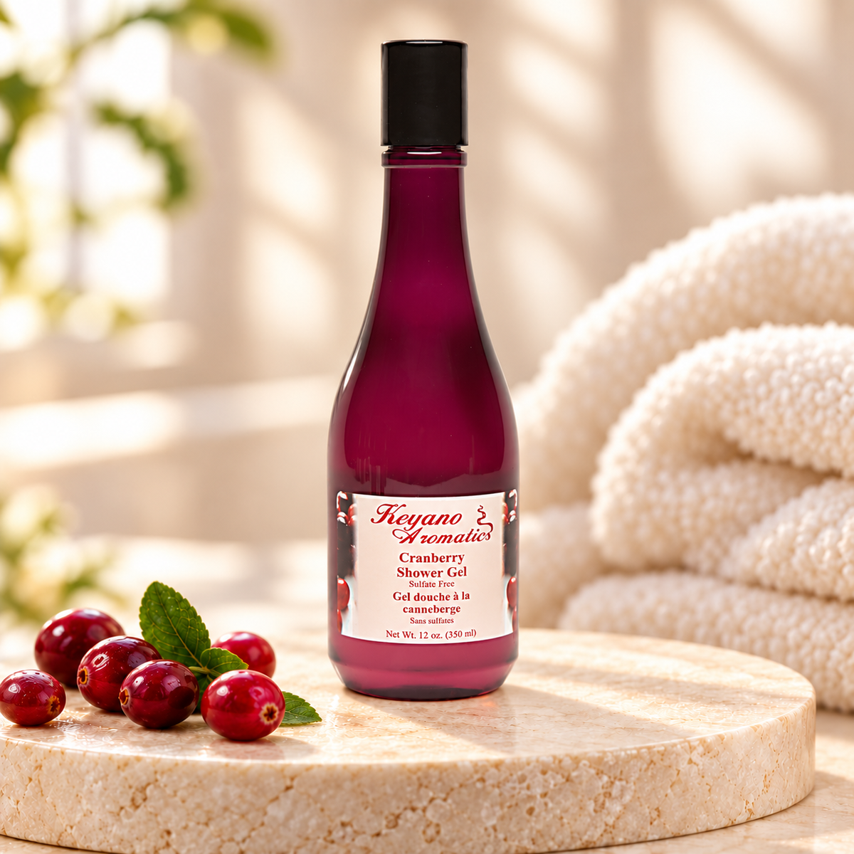 Keyano Cranberry Shower Gel — 12 oz, styled product photo; decorative props not included.