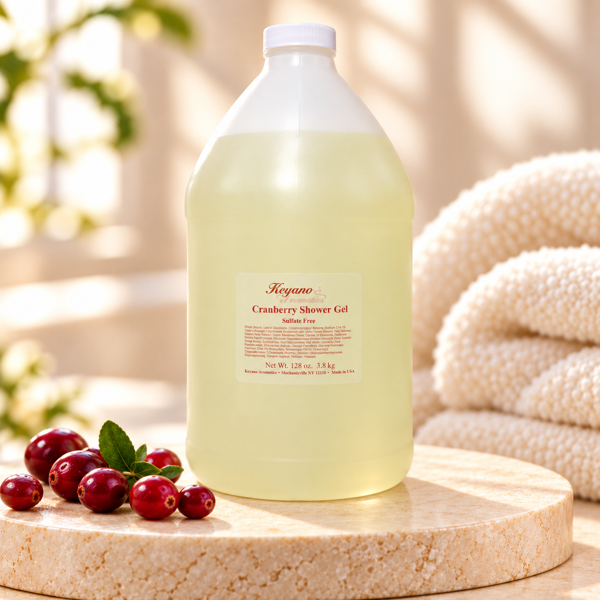 Keyano Cranberry Shower Gel — 1 gallon, styled product photo; decorative props not included.