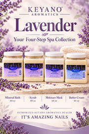 Keyano Lavender Four-Step Spa Set includes Mineral Bath 64 oz, Scrub 80 oz, Moisture Mask 64 oz and Butter Cream 64 oz