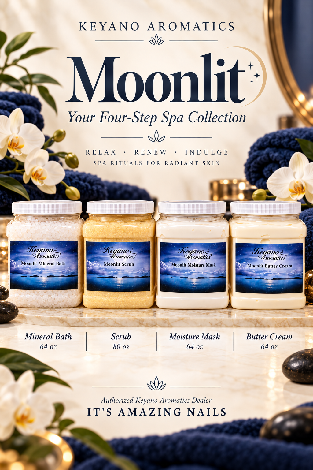 Keyano Moonlit Four-Step Spa Set includes Mineral Bath 64 oz, Scrub 80 oz, Moisture Mask 64 oz and Butter Cream 64 oz