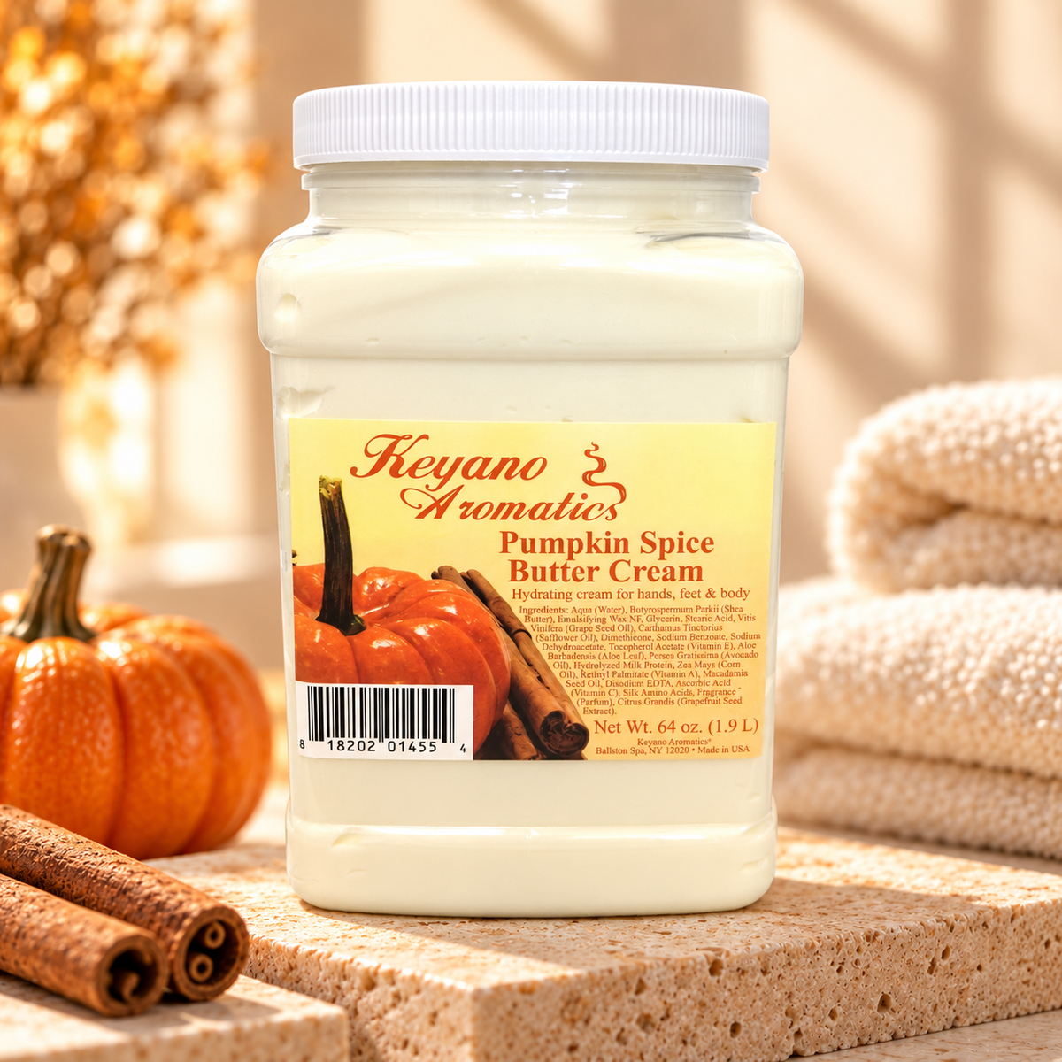 Keyano Pumpkin Spice Butter Cream — styled product photo with decorative spa props