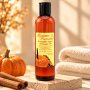 Keyano Pumpkin Spice Massage Oil — styled product photo with decorative spa props