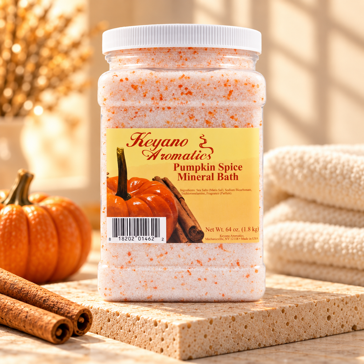 Keyano Pumpkin Spice Mineral Bath — styled product photo with decorative spa props