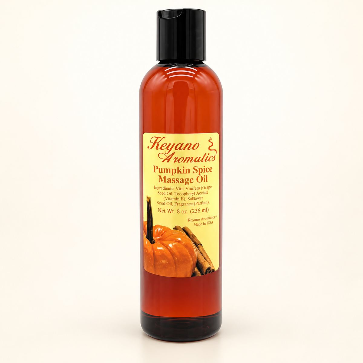 Keyano Aromatics Pumpkin Spice Massage Oil 8 oz on an ivory studio background