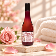 Keyano Champagne & Rose Massage Oil — styled product photo; decorative props not included.