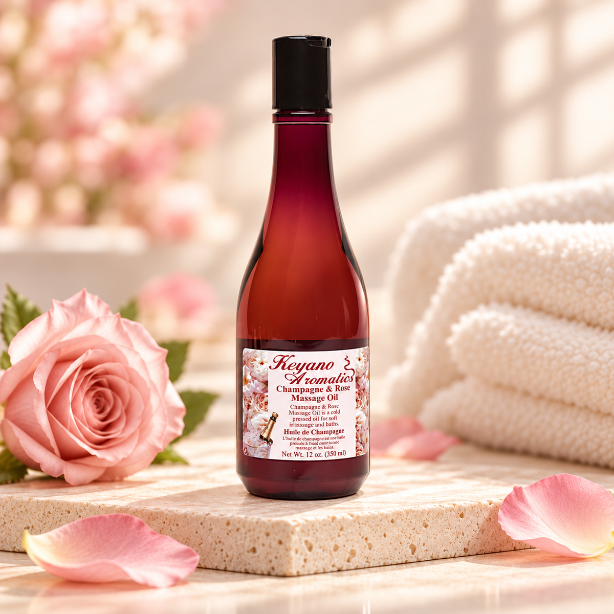 Keyano Champagne & Rose Massage Oil — styled product photo; decorative props not included.