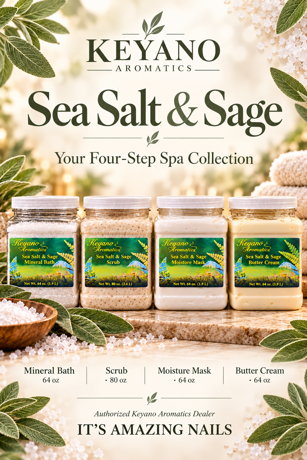 Keyano Sea Salt & Sage Four-Step Spa Set includes Mineral Bath 64 oz, Scrub 80 oz, Moisture Mask 64 oz and Butter Cream 64 oz