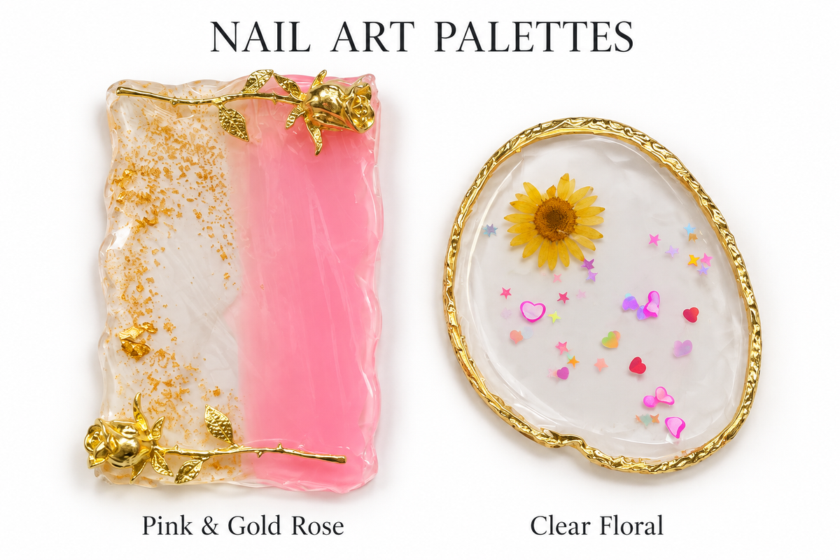 Two nail art palette designs: pink rose rectangle and clear floral oval. Sold individually.