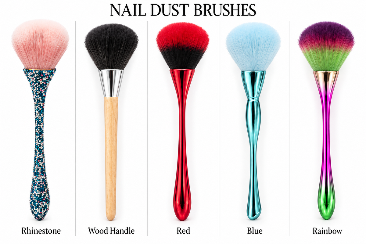 Long-handle nail dust brushes in five styles, sold individually