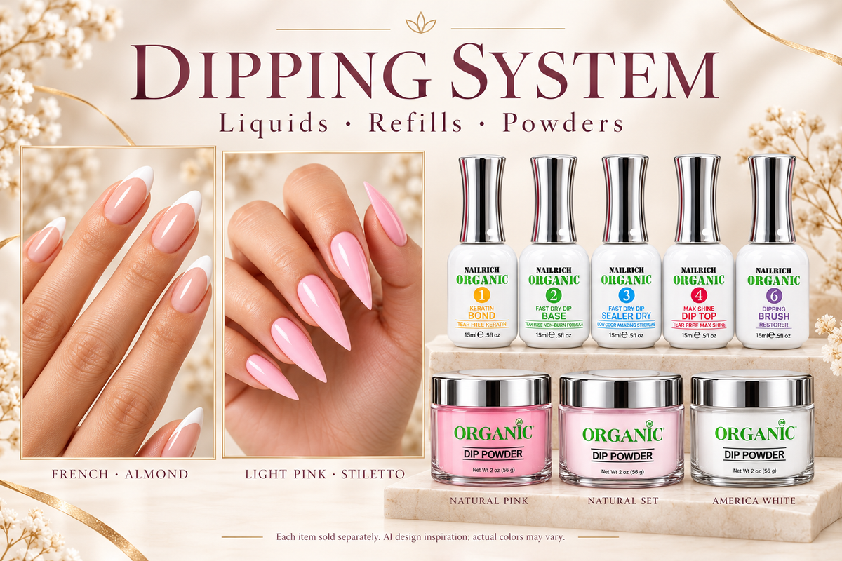 Dipping system liquids and powders with French almond and light pink stiletto nail inspiration