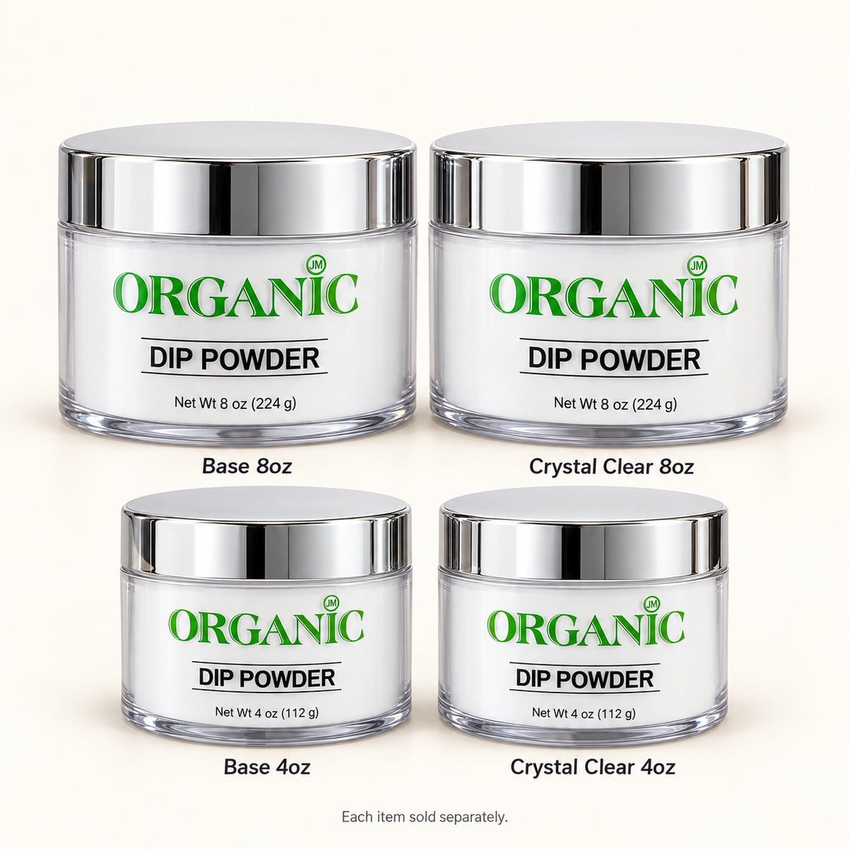 Organic Dip Powder — Base & Crystal Clear, 4 oz & 8 oz — retouched range image; items sold individually